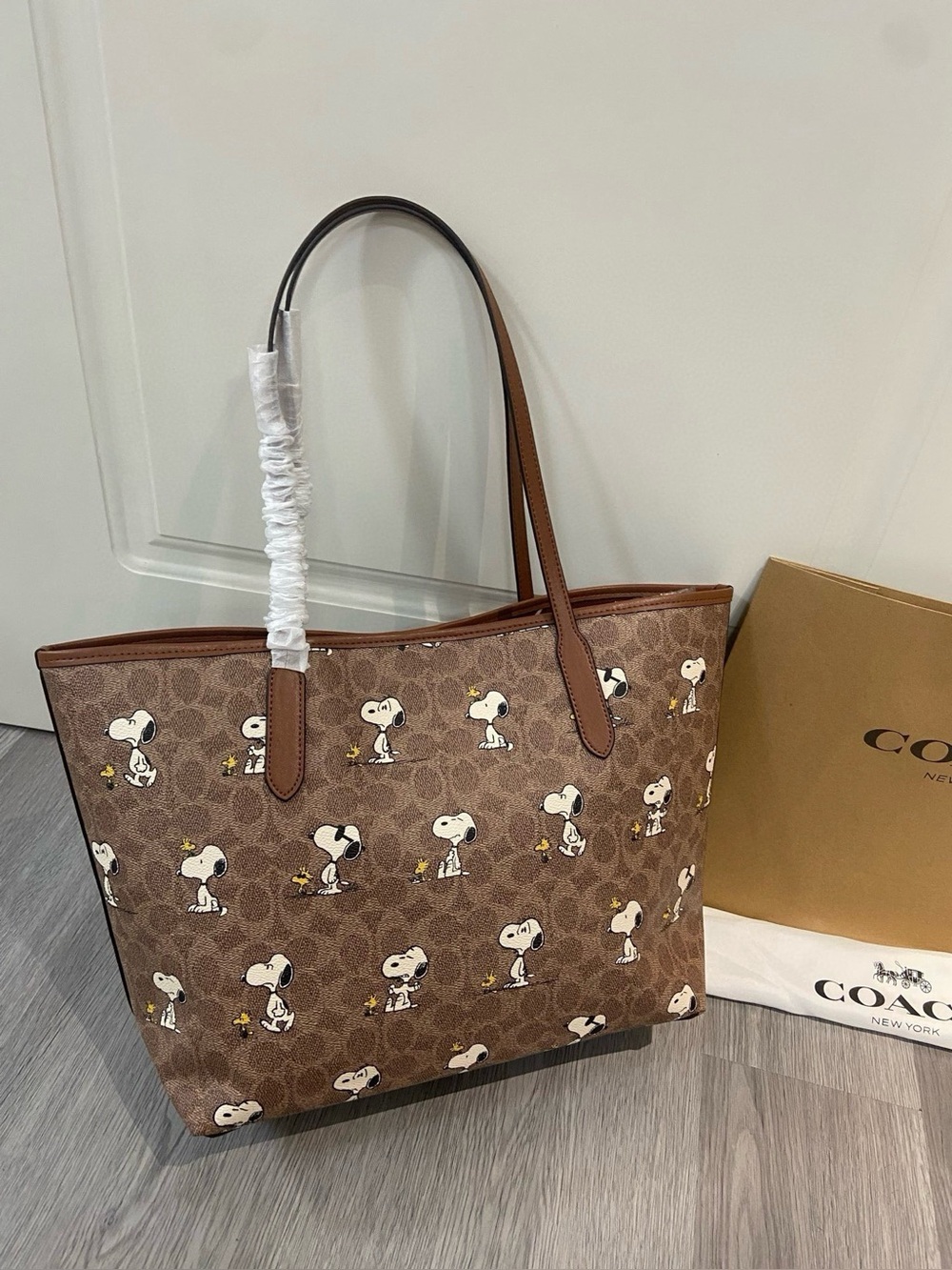 Coach Brown Signature Canvas Snoopy Tote with Brown Leather Trim